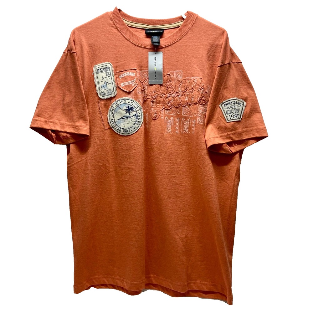 DKNY Jeans T-Shirt Men's XL Orange Pink Salmon Crewneck Y2K Fashion Logo Tee NWT